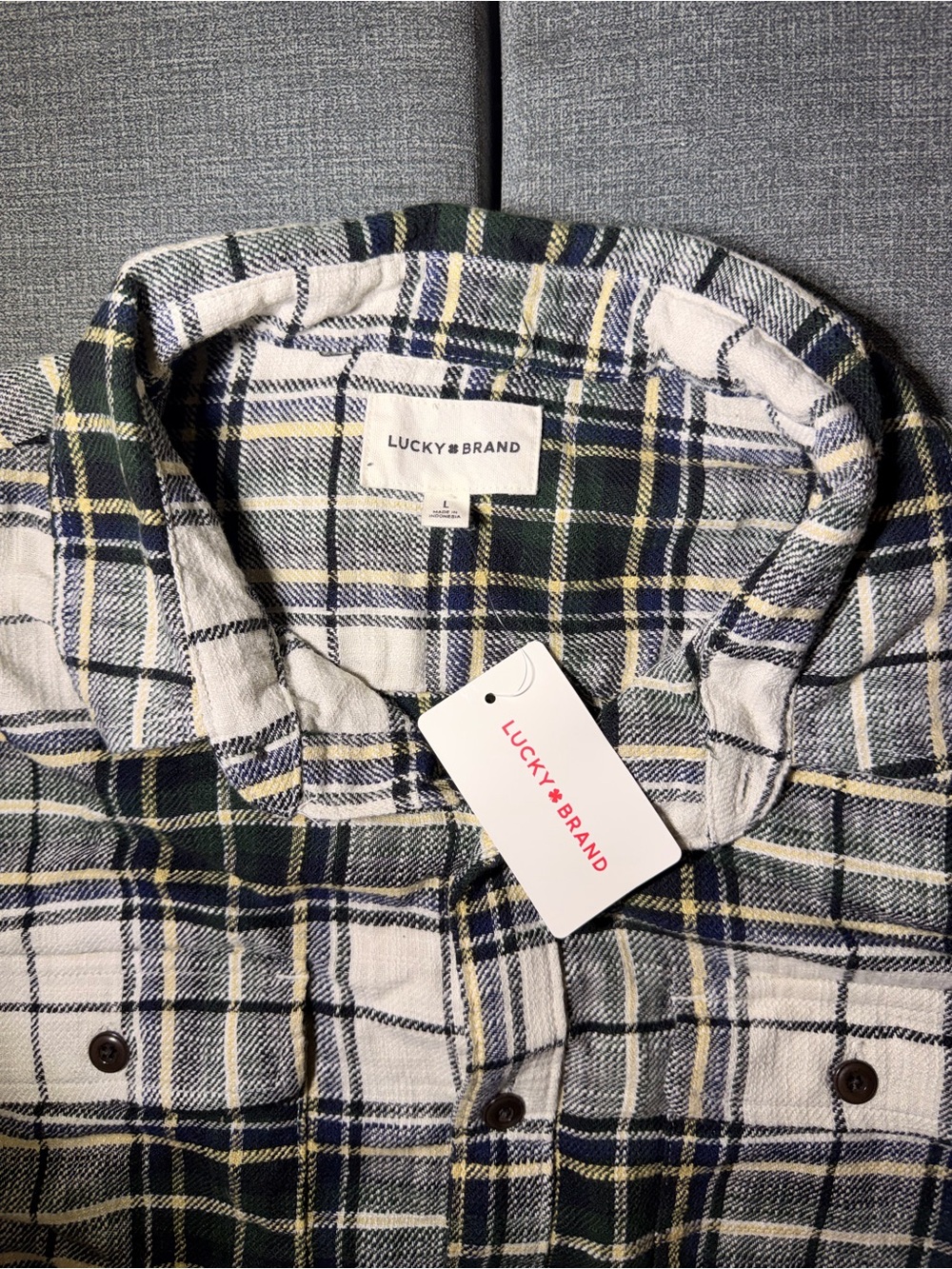Lucky Brand White, Navy & Green Plaid Button-Down Shirt